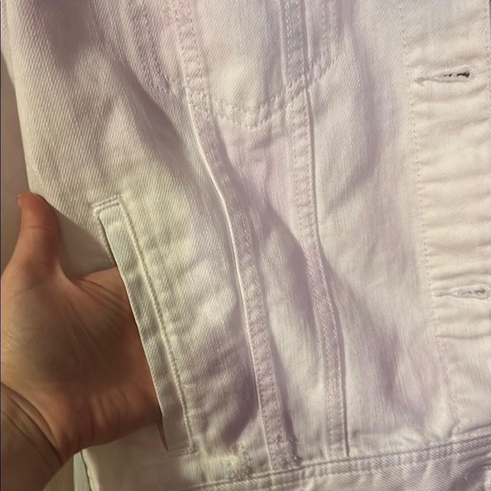 American Eagle White Distressed Denim Jean Jacket Pastel Tie Dye Detail - Picture 7 of 11
